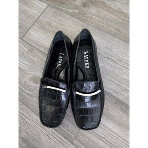 Vtg Lauren Ralph Lauren Women's Black Croc Pattern Leather Sz 5C Penny Loafers